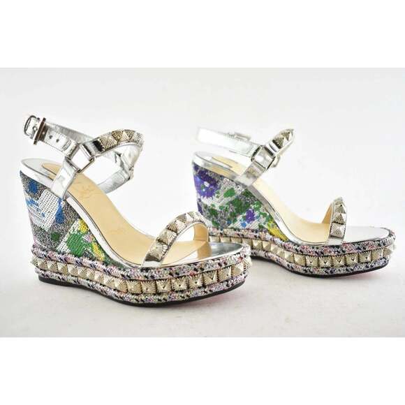 Christian Louboutin Pira Ryad 110 Silver Sequin Platform Wedge Sandal Heel 36 - Picture 4 of 9